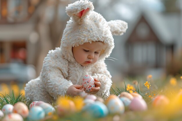 ウサギの衣装を着た美しい小さな子供が色とりどりのイースターの卵を集めますAIが生成したコンセプト