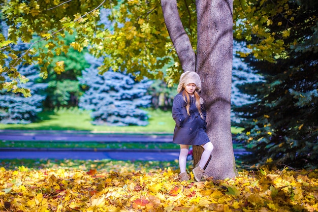 Little beautiful girl on the autumn meadow near big maplr in a sunny fall day