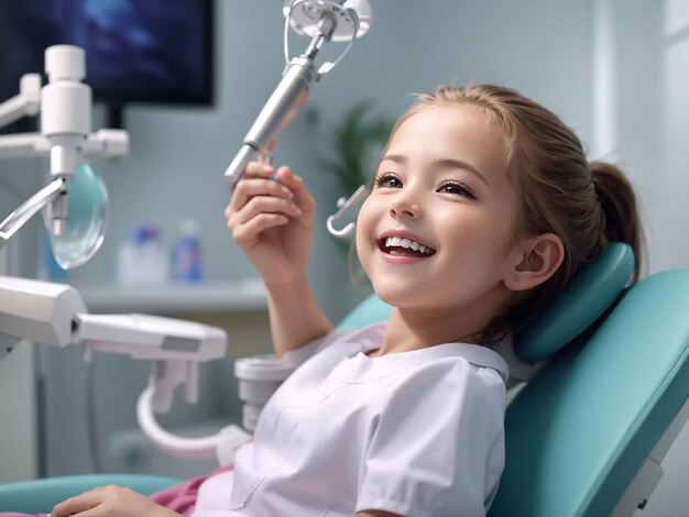 Photo little beautiful girl at the dentist smiling