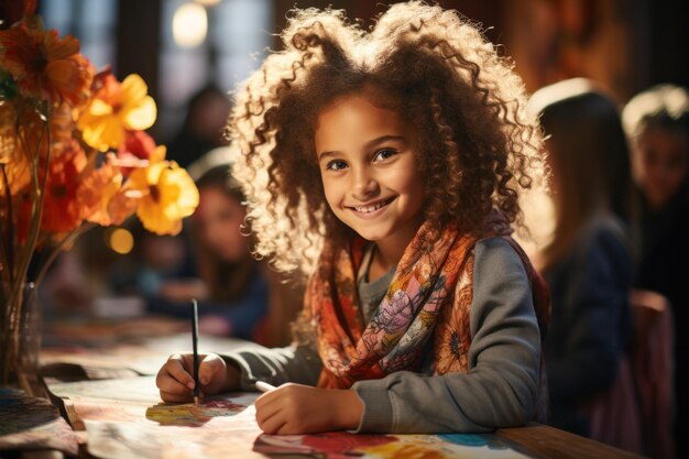 Photo a little beautiful girl draws while sitting at the table in the kindergarten