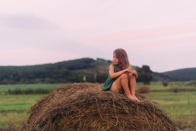 小さな美しい少女が干し草の山に座っています高品質の写真