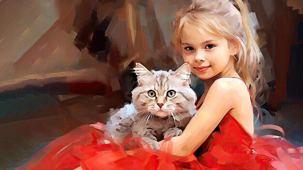 Little beautiful girl in a red dress with a cute kitten