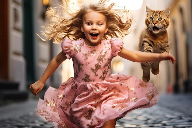 Little beautiful girl in a red dress with a cute kitten