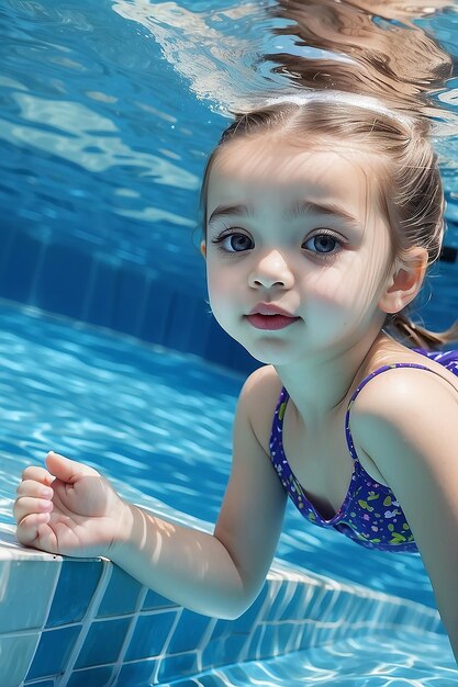 Photo little beautiful girl resting in the pool and learning to swim