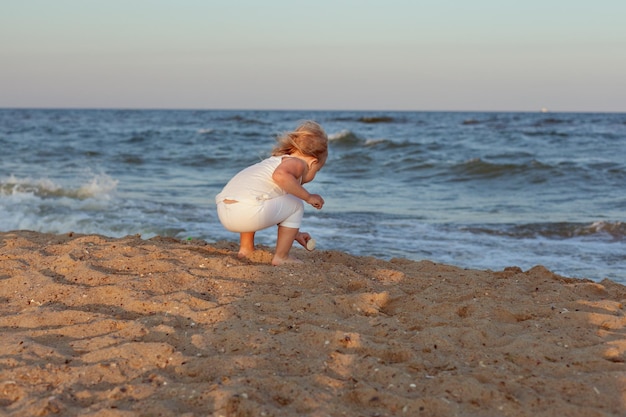 白い服を着た小さな美しい少女が砂浜の海岸で貝殻を収集します