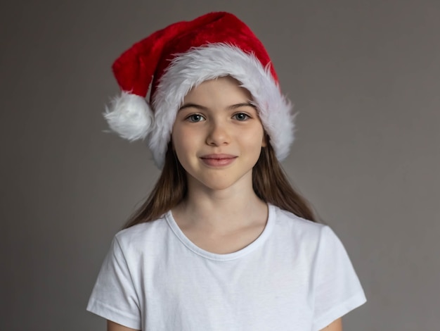 Little beautiful girl in a white Tshirt and New Year hat advertising concept