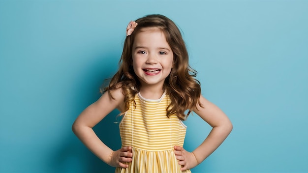 Little beautiful smiling girl with a funny face in a striped yellow dress posing on a blue backgrou