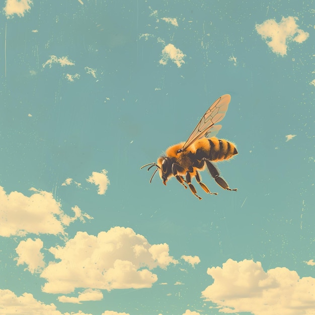 Photo little bee flying on a blue sky