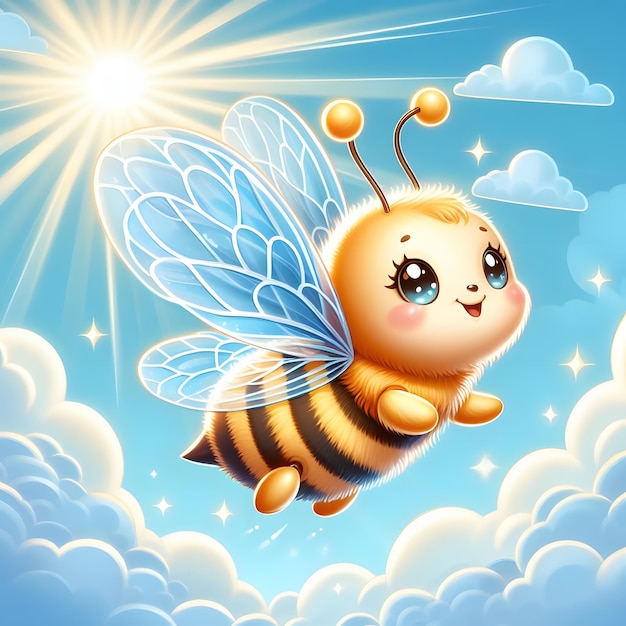 Little bee flying on a blue sky