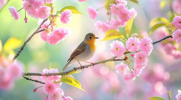 Little bird sitting on branch of blossom cherry tree spring time