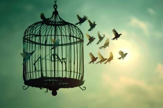 Foto piccoli uccelli fuggono dalla gabbia dell'uccello concetto di libertà
