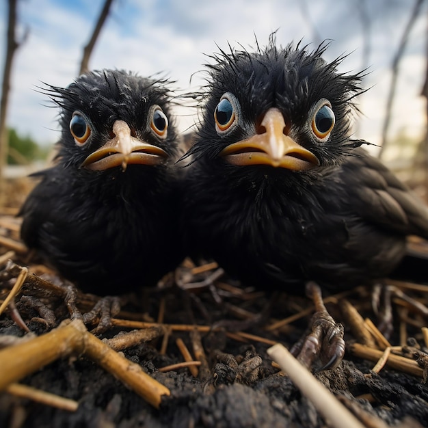 Photo little black birds in nest