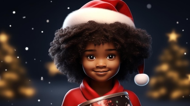 산타로 옷을 입은 작은 흑인 소녀 메리 크리스마스