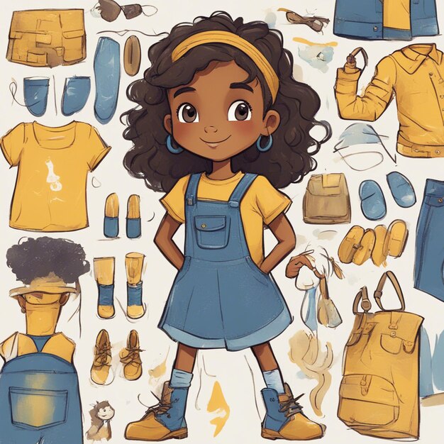 Foto un'illustrazione del panno giallo e blu degli articoli della piccola ragazza nera