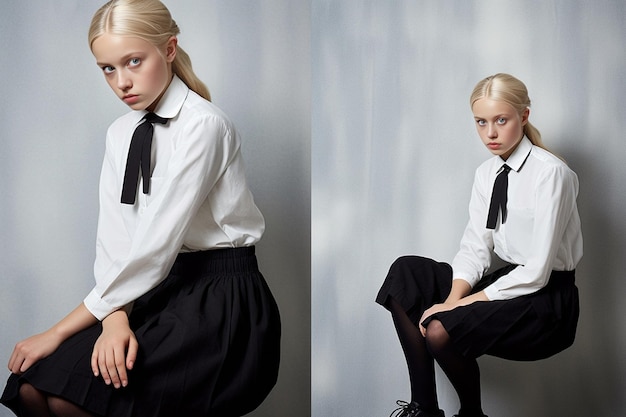 Little blond baby girl with tails and white school blouse and black skirt sitting at Generative AI