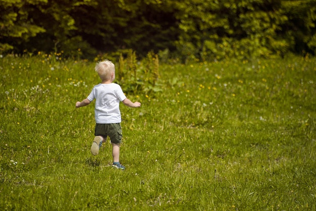 Little blond boy runs in a green meadow on the edge of the forest