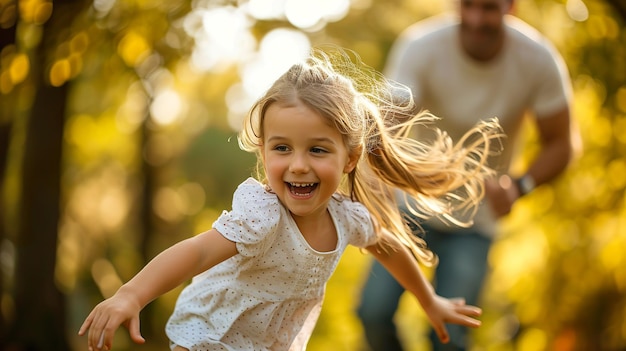 Little blond girl spinning with her father in park