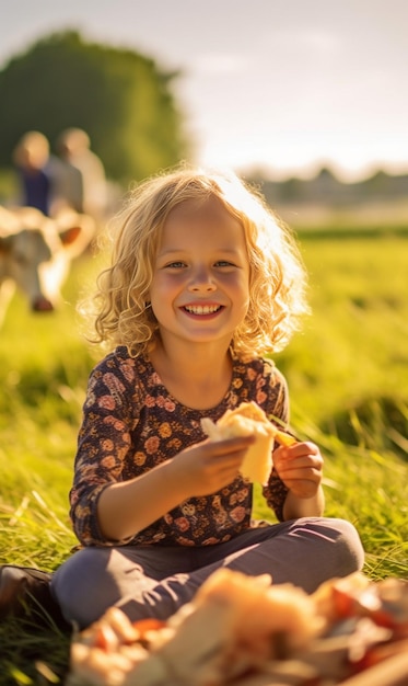 Little blond girl with braids in jeans shorts playing with a chicken on a farm Generative AI