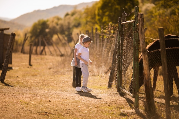 Little blonde boy and girl on the farm with wild horses