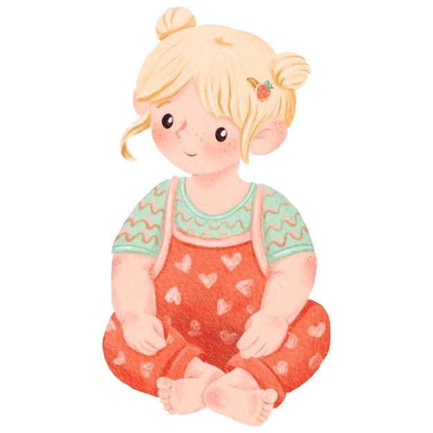 A little blonde girl in a baby jumpsuit is sitting on the floor barefoot in kindergarten Kid front