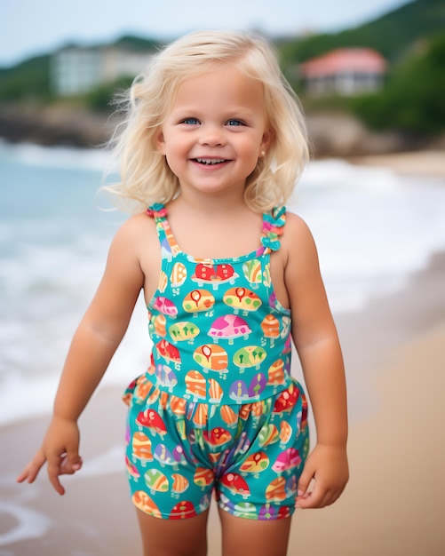 Little blonde girl cute child toddler standing on beach