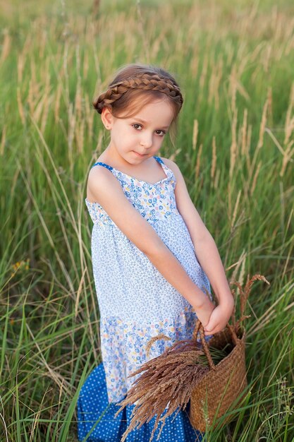 A little blonde girl walks through a summer wheat field in a long blue sundress The child smiles and looks at the camera