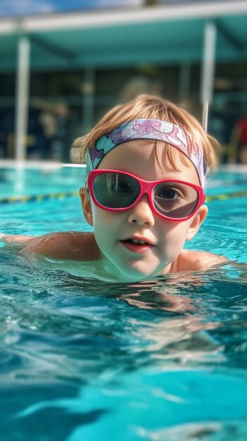 Foto piccola ragazza bionda con gli occhi azzurri in occhiali gialli per l'immersione che prendono il sole nell'intelligenza artificiale generativa