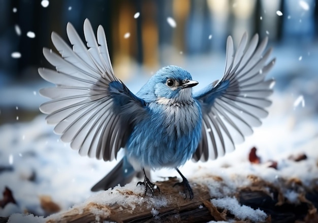 Photo little blue bird landing on the snow in winter landscape with falling snow ai generated