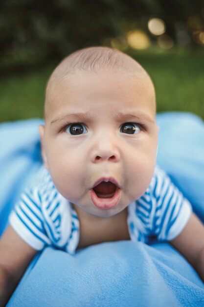 緑の草や木々の周りの公園にある青い寝具の上に、生後3か月の小さな男の子がお腹の上に横たわっています。子どもたちの喜びの感情