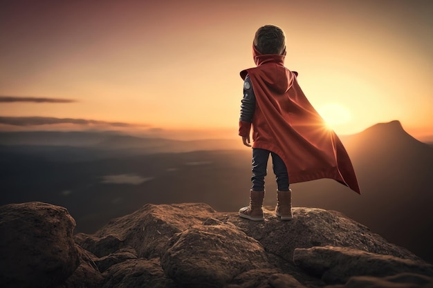 Photo little boy acting like a superhero on top of the mountain at sunset ai generation