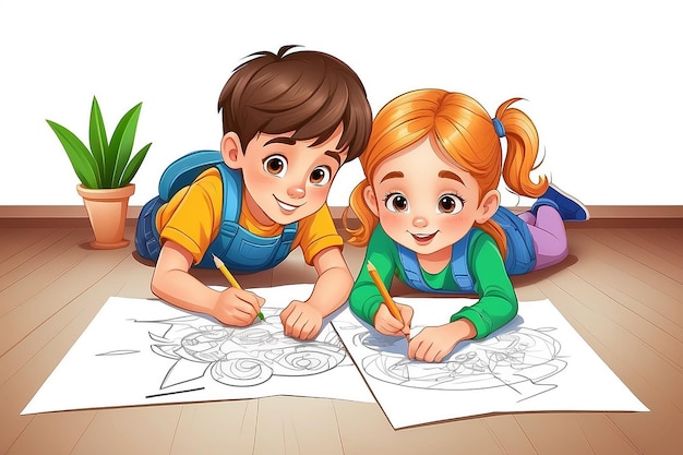 Фото Маленький мальчик и девочка рисуют картины цветными карандашами на бумаге, лежащей на полу