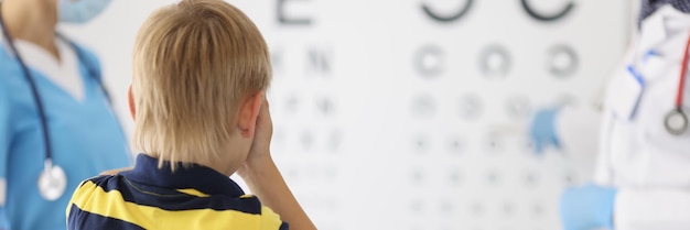 眼科医のオフィスで予約されている小さな男の子は目を閉じて視力をチェックします