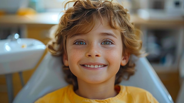 사무실 에 있는 치과의사 와의 약속 에 참석 한 작은 소년 은 의자 에 만족 하게 앉아 미소 짓고 있다