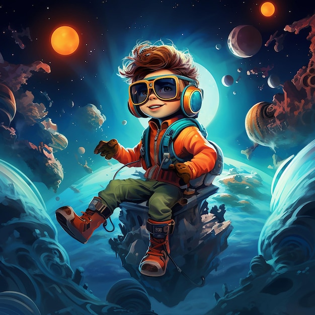 Little boy in astronaut costume sitting on the moon surface Fantasy illustration