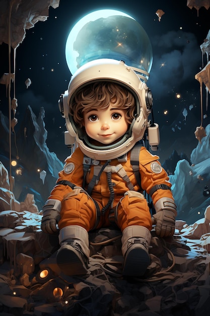 a little boy in an astronaut suit with a hat on