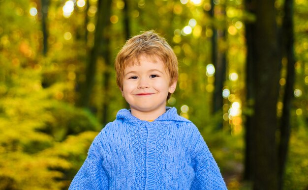 Little boy in Autumn park. Autumnal mood. Smiling kid walking in autumn forest. Cute child in warm sweater.