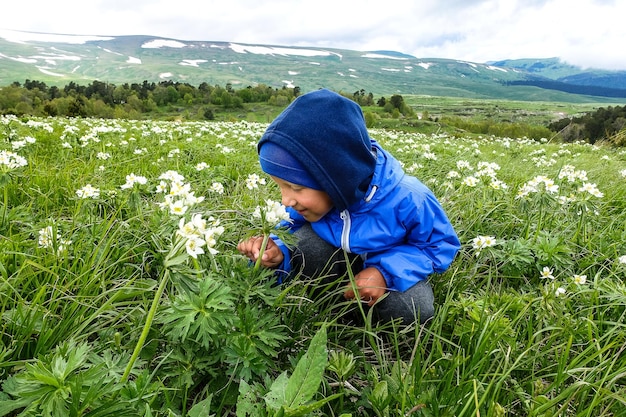 A little boy on the blooming alpine meadows of LagoNaki Adygea Russia 2021