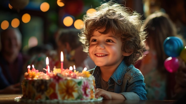 誕生日のケーキのキャンドルを吹き消す小さな男の子