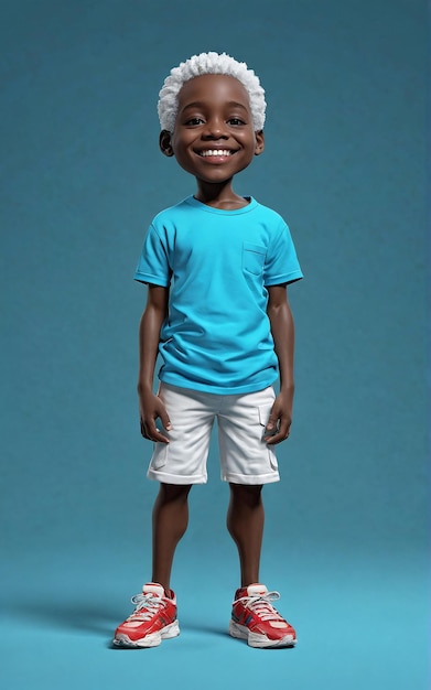 a little boy in a blue shirt and white shorts