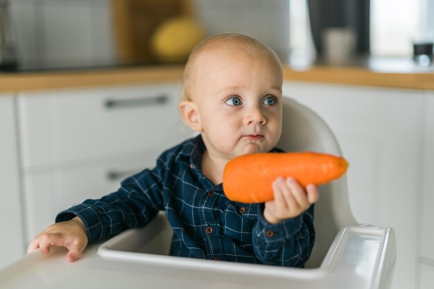 Little boy in a blue tshirt sitting in a child's chair eating carrot copy space and empty space for text baby care and infant child feeding concept