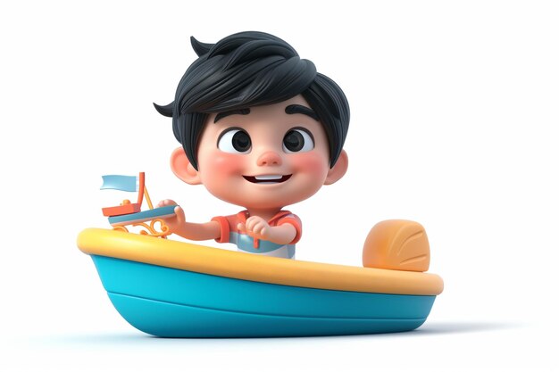 白い背景のボートに乗った小さな男の子