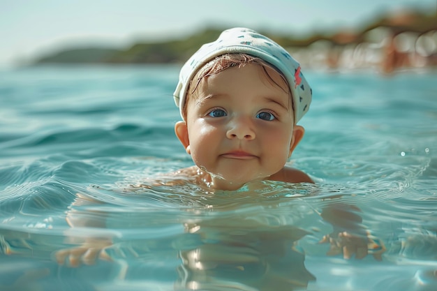 Foto un ragazzino con un berretto che galleggia sul mare