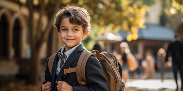 小さな男の子がバックパックを背負って 学校に行く 創造的なAIによって作られた