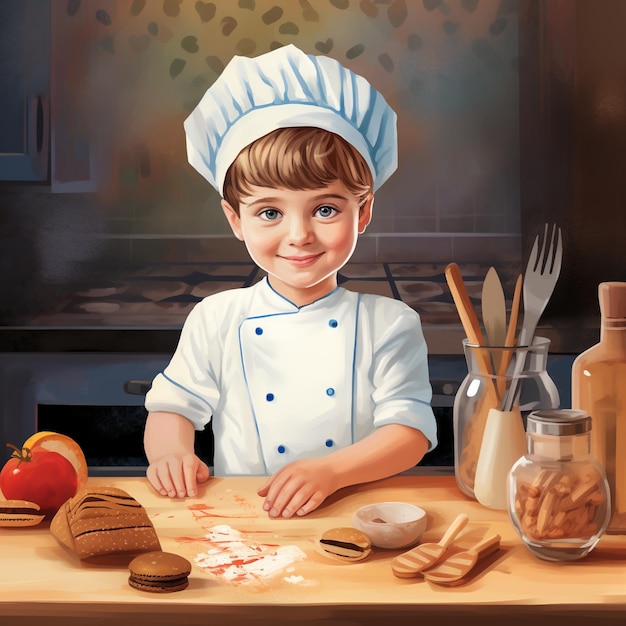 Little boy in a chefs hat smiling in a kitchen