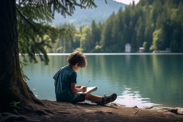 Photo little boy child journaling by peaceful lake generative ai