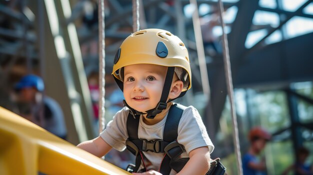 ヘルメットと安全装置を備えた冒険活動公園で登る小さな男の子 小さな男の子の活動に関する画像