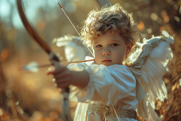 Foto un bambino cupido con le ali mira una freccia d'amore da un arco bambino divertente che sembra un angelo