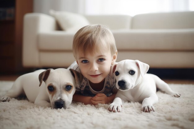 小さな男の子かわいい子犬動物の床の愛を生成します。