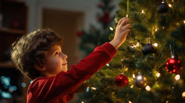 Photo little boy decorates christmas tree