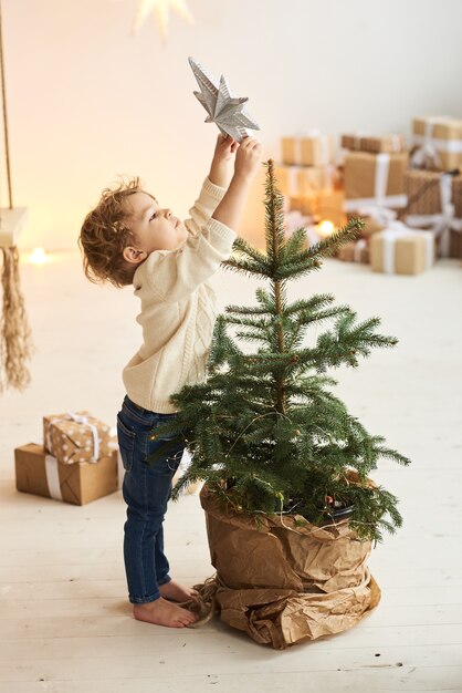 クリスマスツリーを飾る小さな男の子